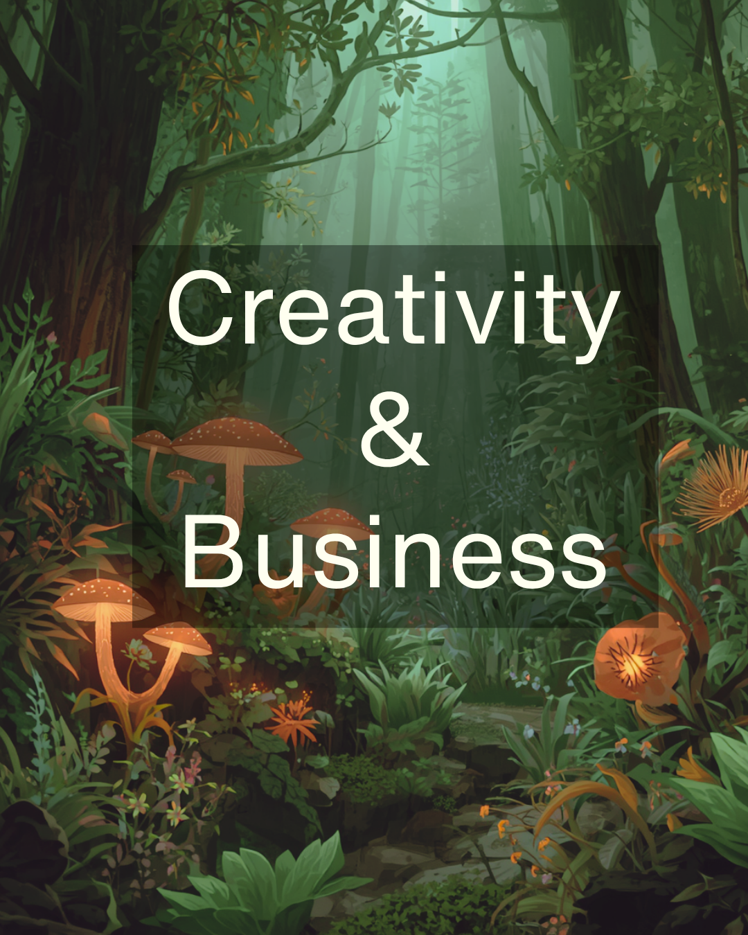 2 Forest illustration with a translucent panel across the center saying 'Creativity & Business'—an inspirational branding image.