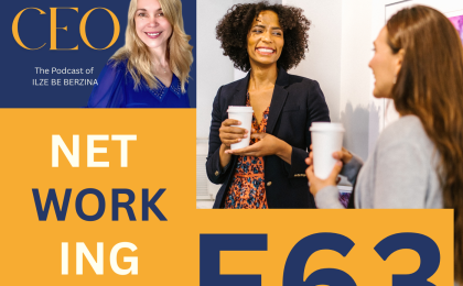 Split poster design: left column with 'The Become CEO' title and subtitle over blue, and orange panel with 'NET WORKING E63'; right column shows two women in an office chatting with takeaway cups.